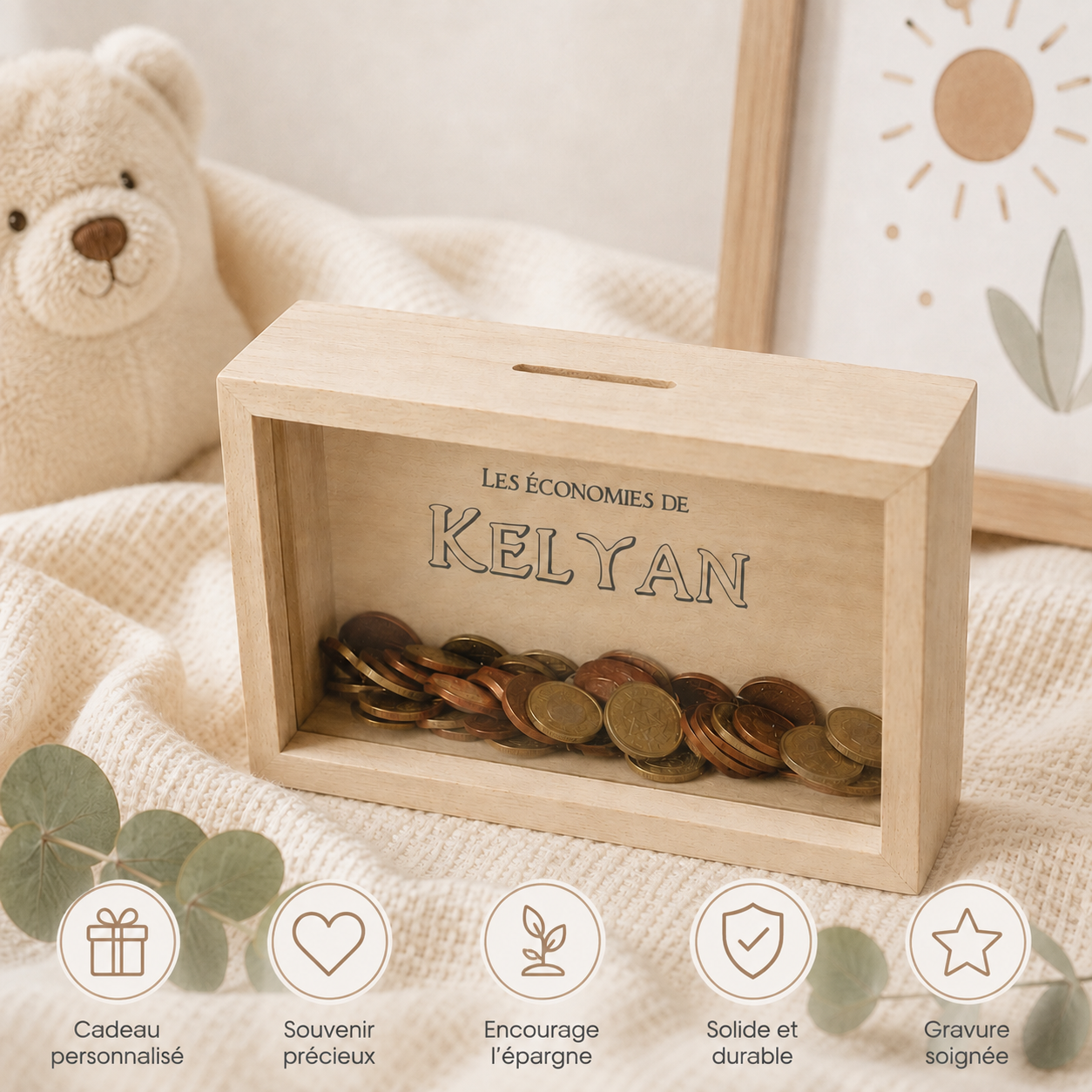 Tirelire personnalisée enfant en bois avec prénom – Cadeau naissance, baptême ou anniversaire