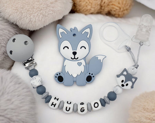 Attache tétine personnalisée avec prénom en silicone bleu motif loup - Cadeau naissance garçon