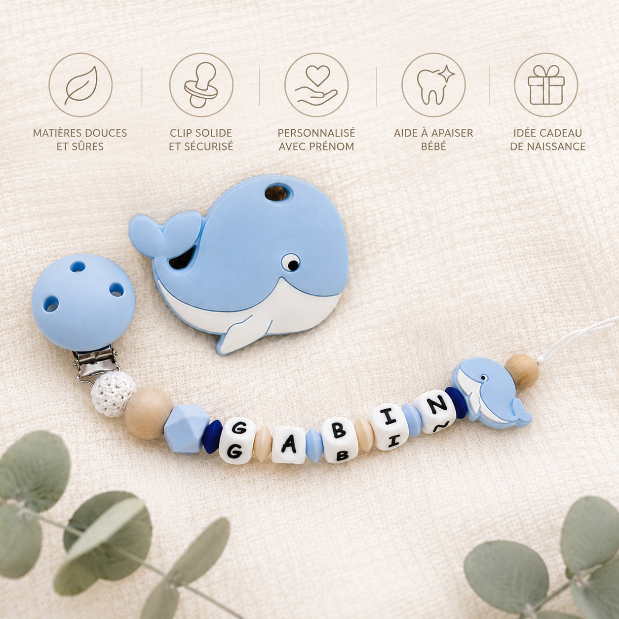 Attache sucette personnalisée Baleine – silicone