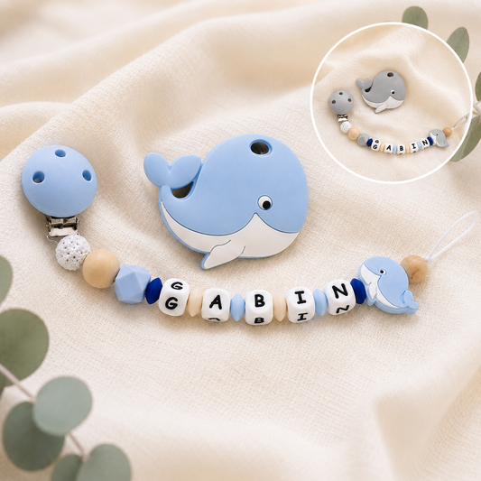 Attache sucette personnalisée Baleine – silicone – vue 1