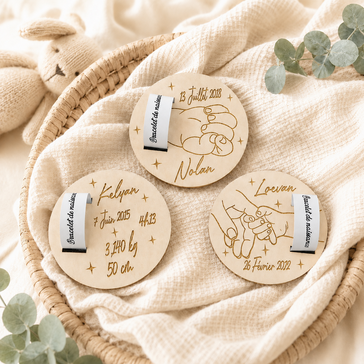 Carte porte-bracelet de naissance personnalisée en bois – Prénom et date, souvenir de maternité, cadeau bébé