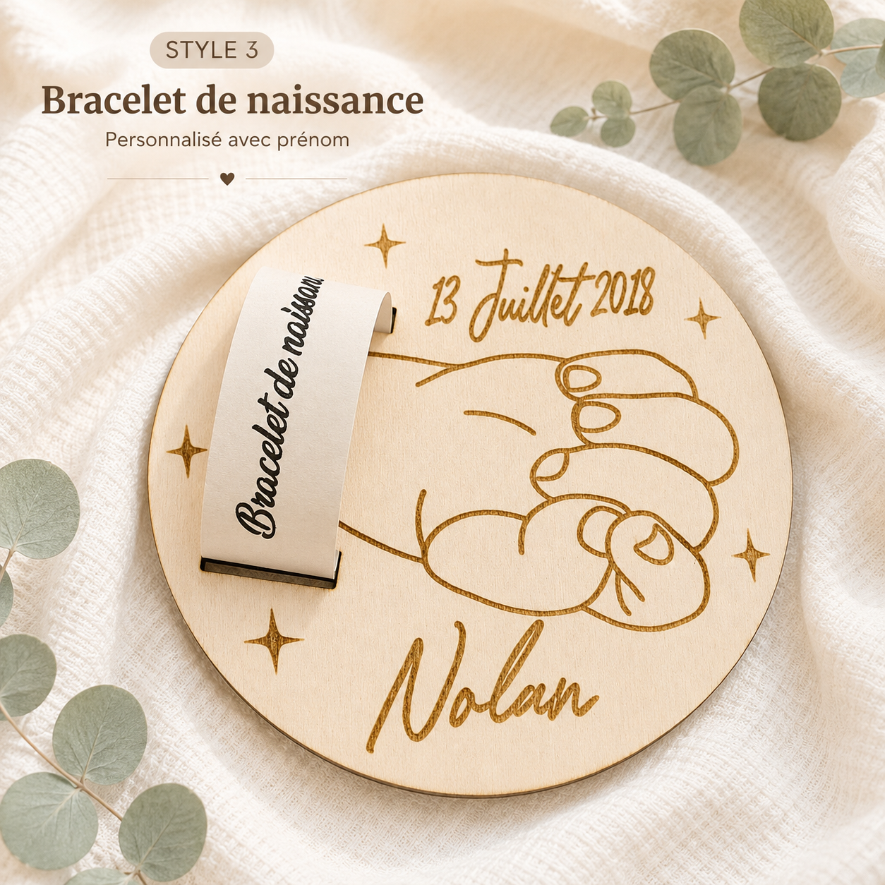 Carte porte-bracelet de naissance personnalisée en bois – Prénom et date, souvenir de maternité, cadeau bébé