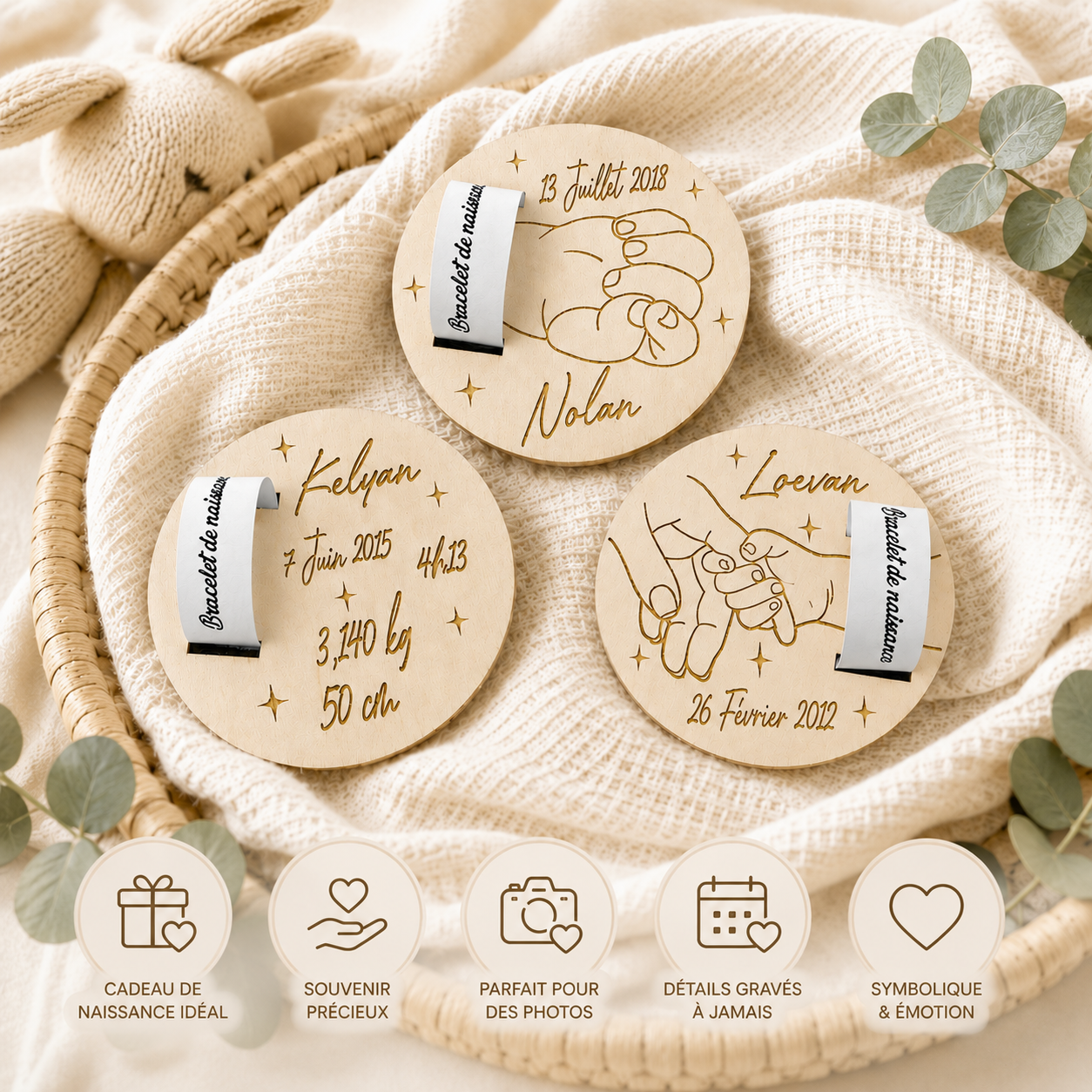 Carte porte-bracelet de naissance personnalisée en bois – Prénom et date, souvenir de maternité, cadeau bébé