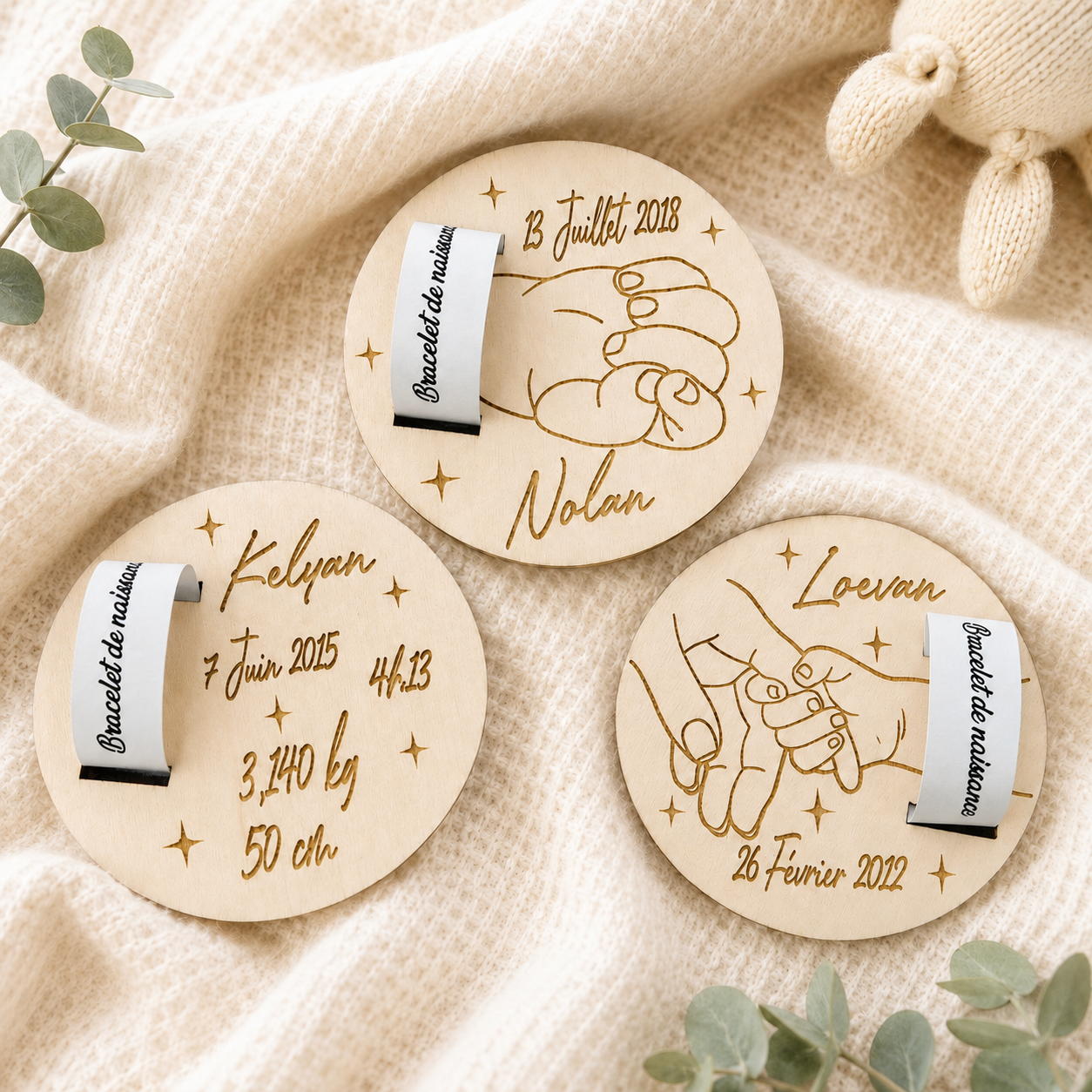 Carte porte-bracelet de naissance personnalisée en bois – Prénom et date, souvenir de maternité, cadeau bébé