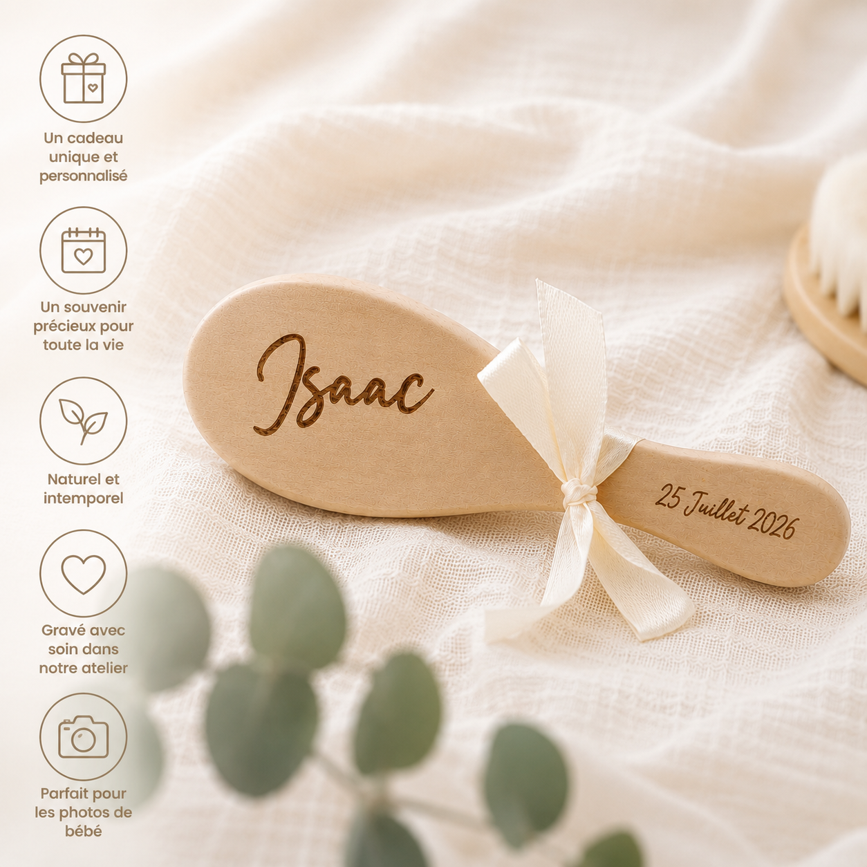 Brosse bébé personnalisée – Prénom et date gravés