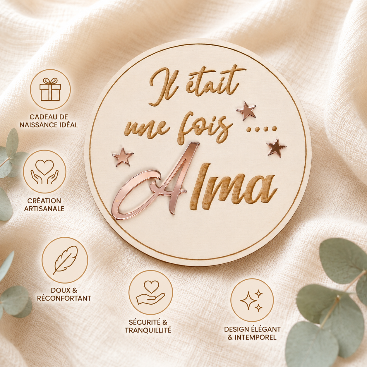Carte naissance bébé personnalisée en bois – Prénom et message de bienvenue