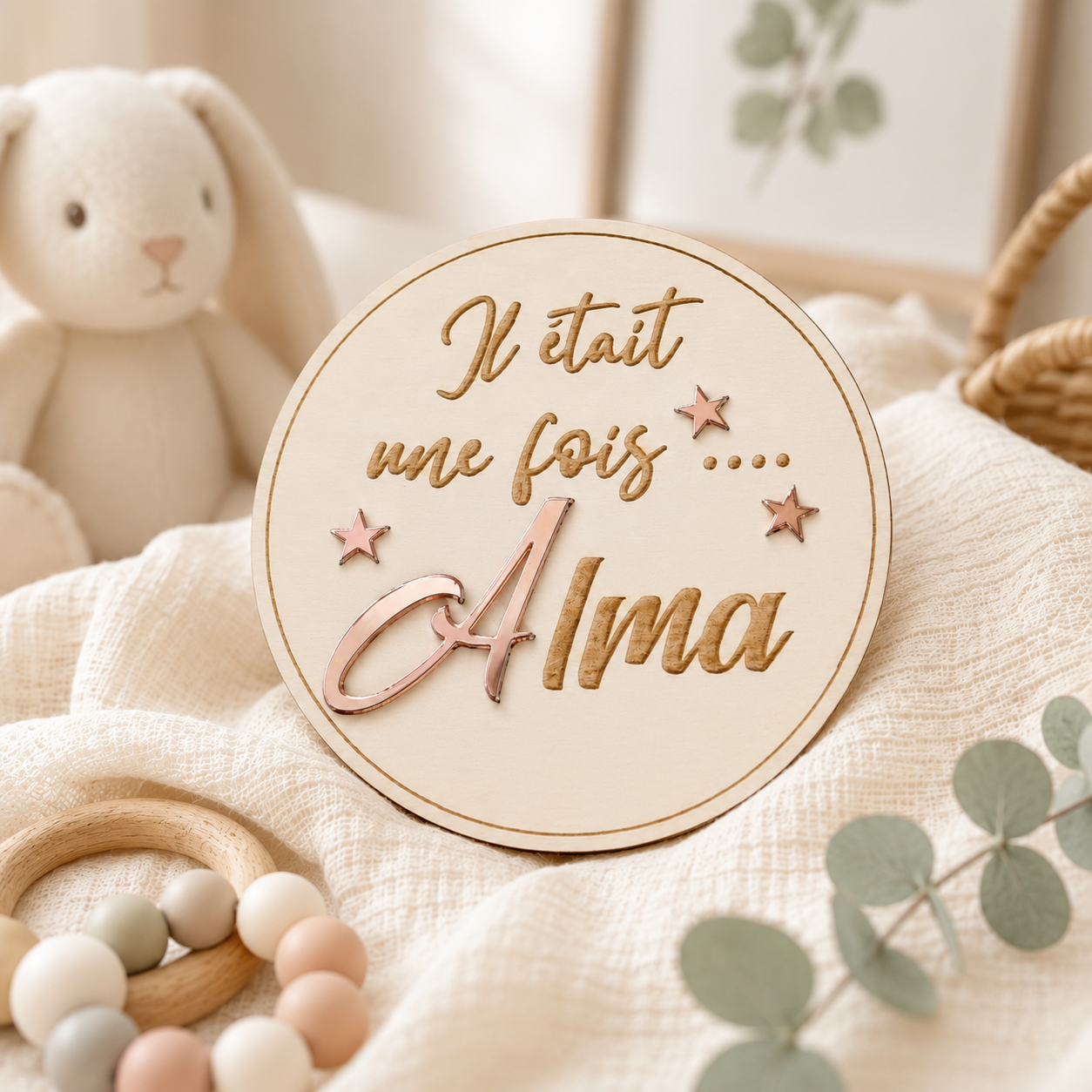 Carte naissance bébé personnalisée en bois – Prénom et message de bienvenue