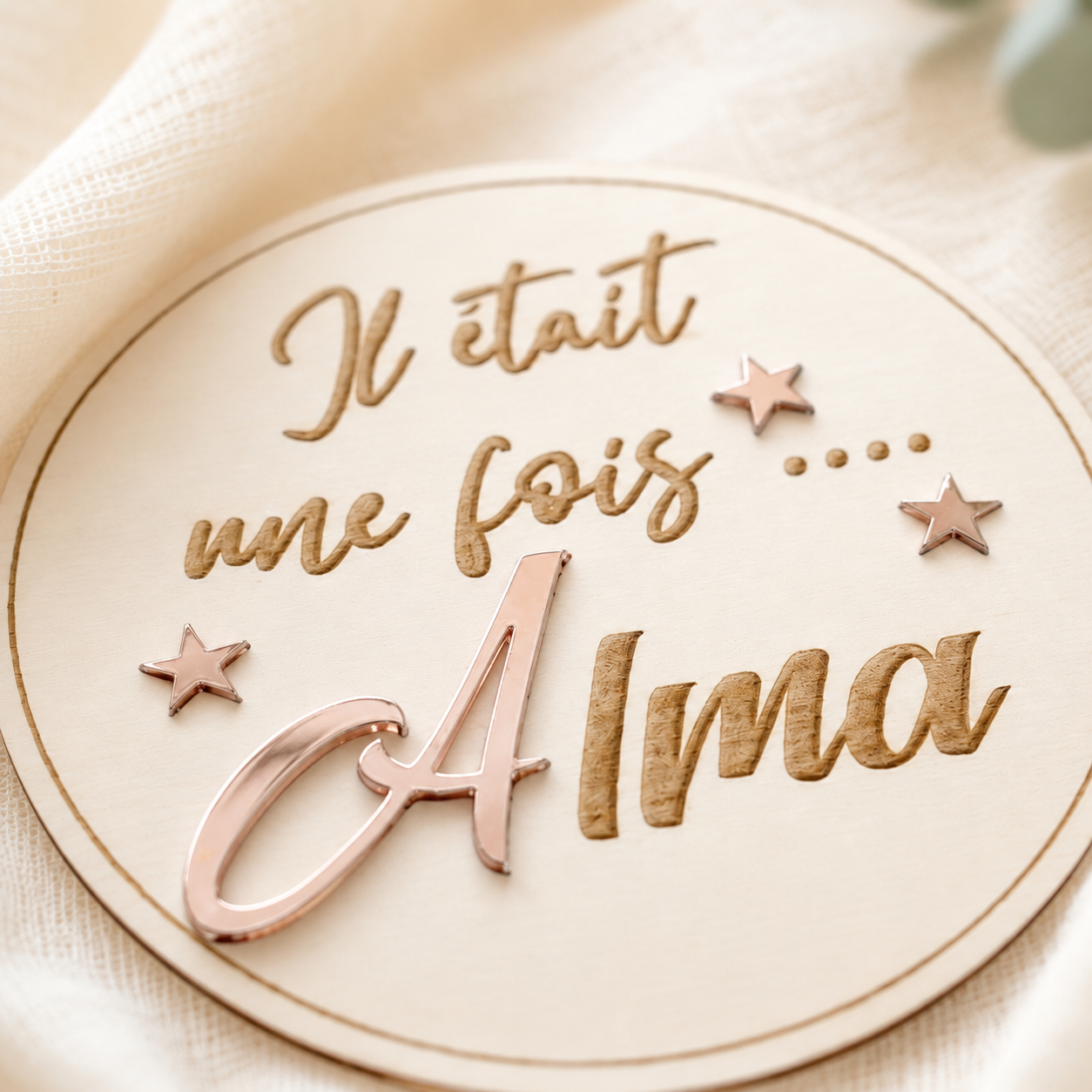Carte naissance bébé personnalisée en bois – Prénom et message de bienvenue
