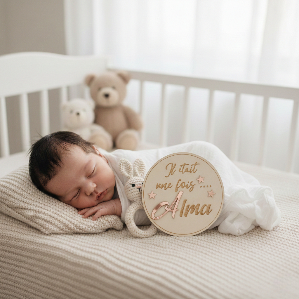 Plaque annonce naissance personnalisée en bois avec prénom Alma en relief acrylique miroir rose gold et petites étoiles gravées.