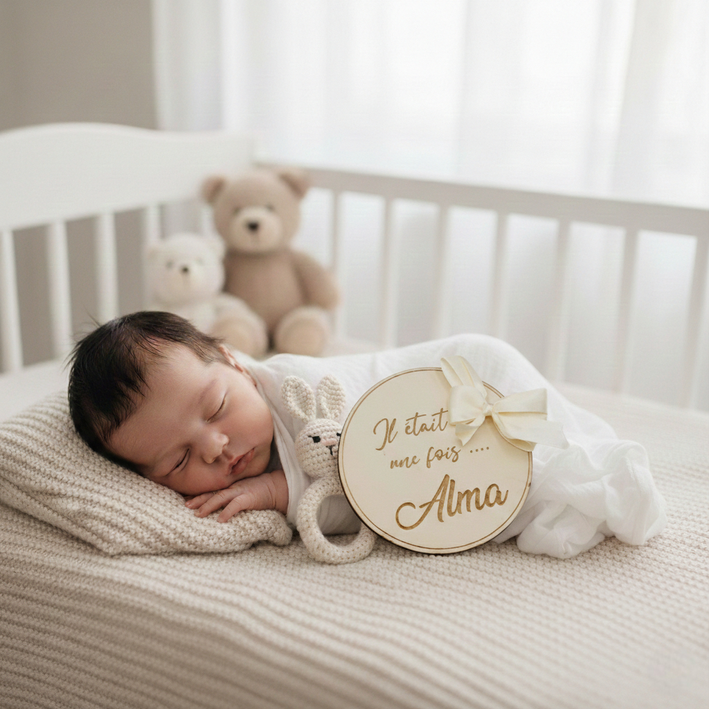 Carte de présentation naissance ronde en bois gravé avec prénom personnalisé et grand nœud en satin crème, style bohème chic.