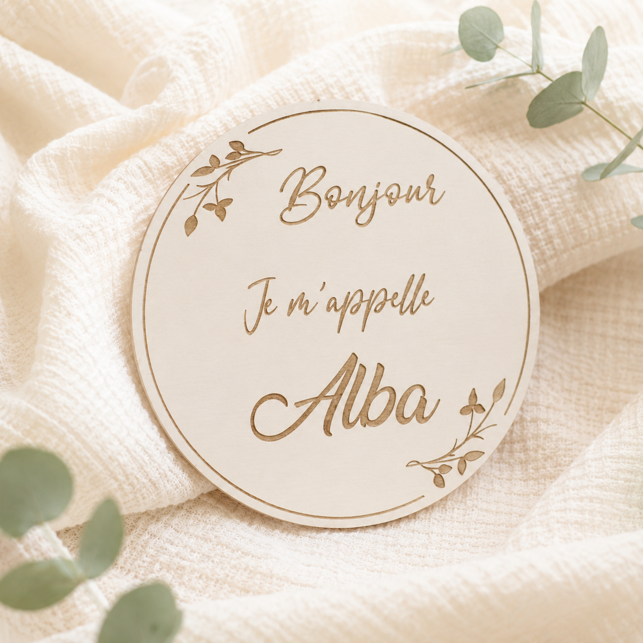 Carte naissance bébé personnalisée en bois – Prénom et message de bienvenue