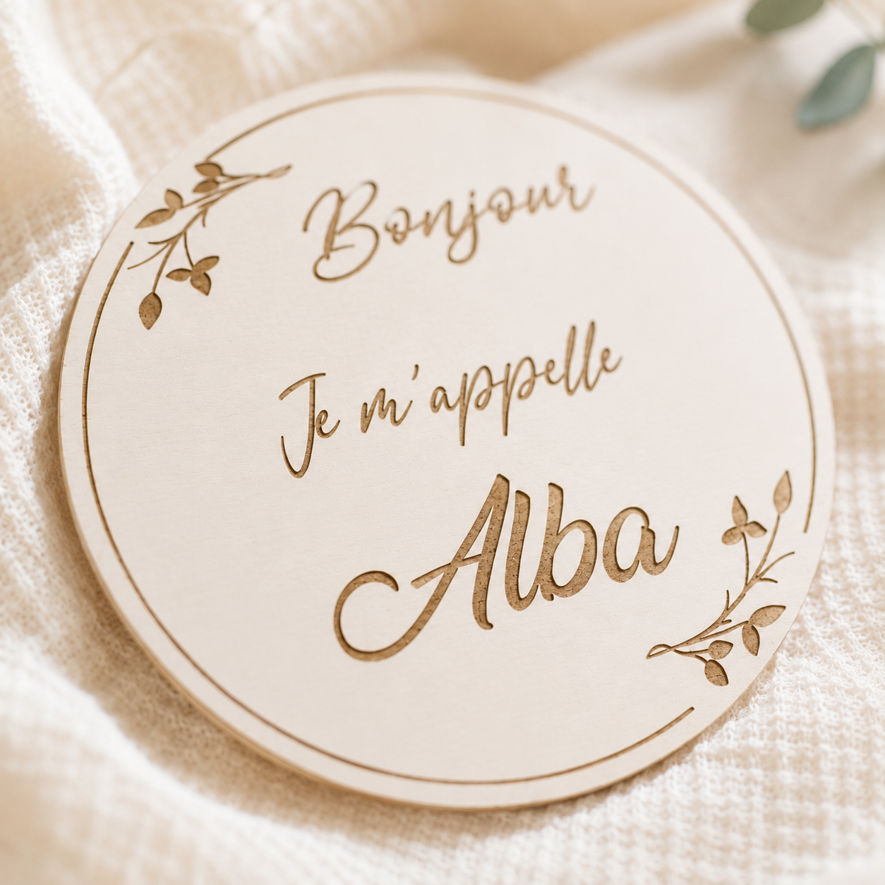 Carte naissance bébé personnalisée en bois – Prénom et message de bienvenue