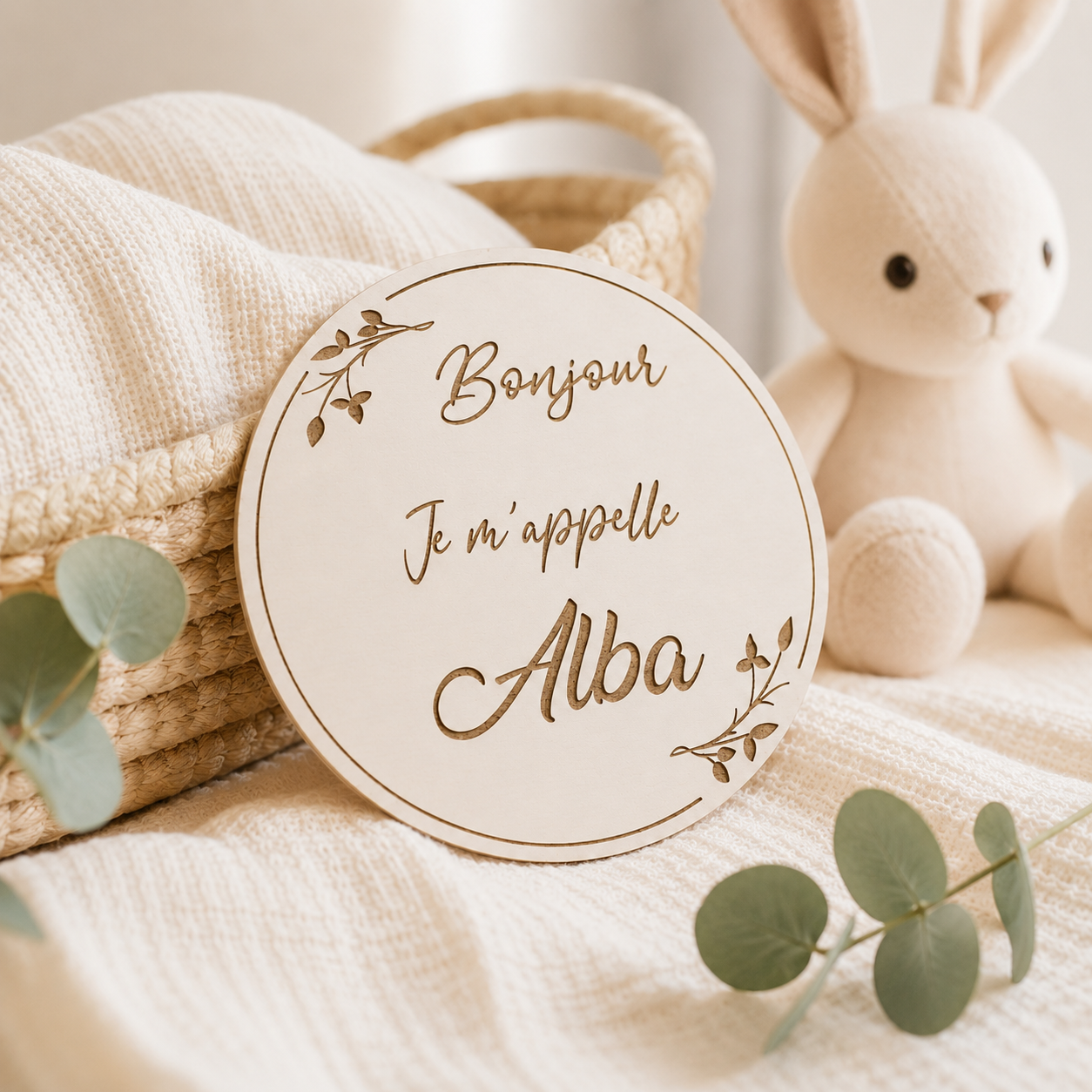 Carte naissance bébé personnalisée en bois – Prénom et message de bienvenue