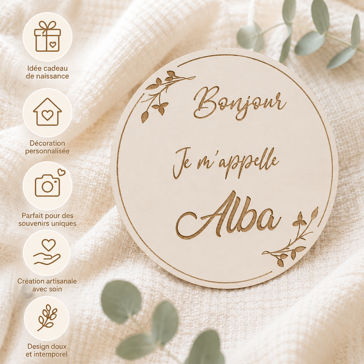 Carte naissance bébé personnalisée en bois – Prénom et message de bienvenue