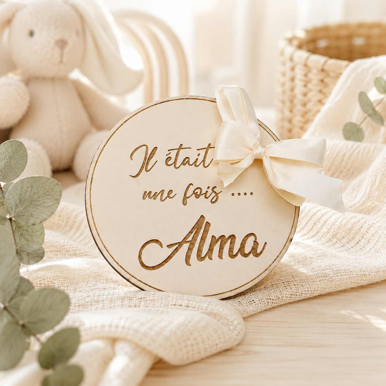 Carte naissance bébé personnalisée en bois – Prénom et message de bienvenue