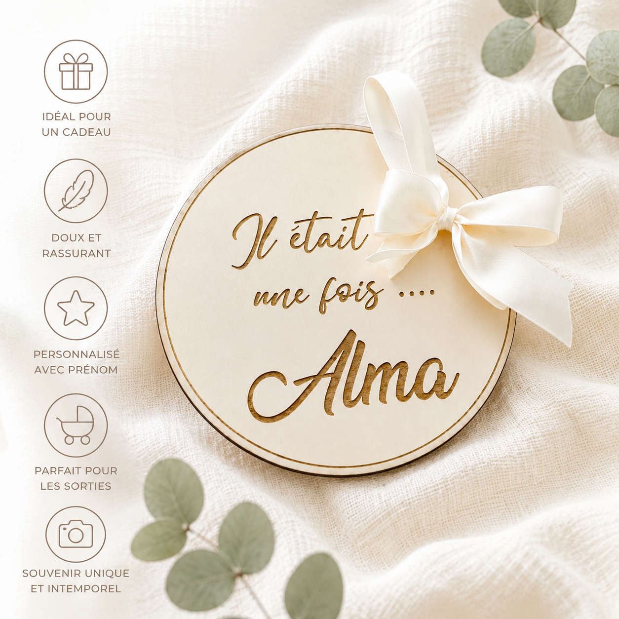 Carte naissance bébé personnalisée en bois – Prénom et message de bienvenue