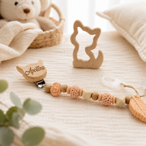 Attache sucette personnalisée Chat, prénom gravé – bois et silicone