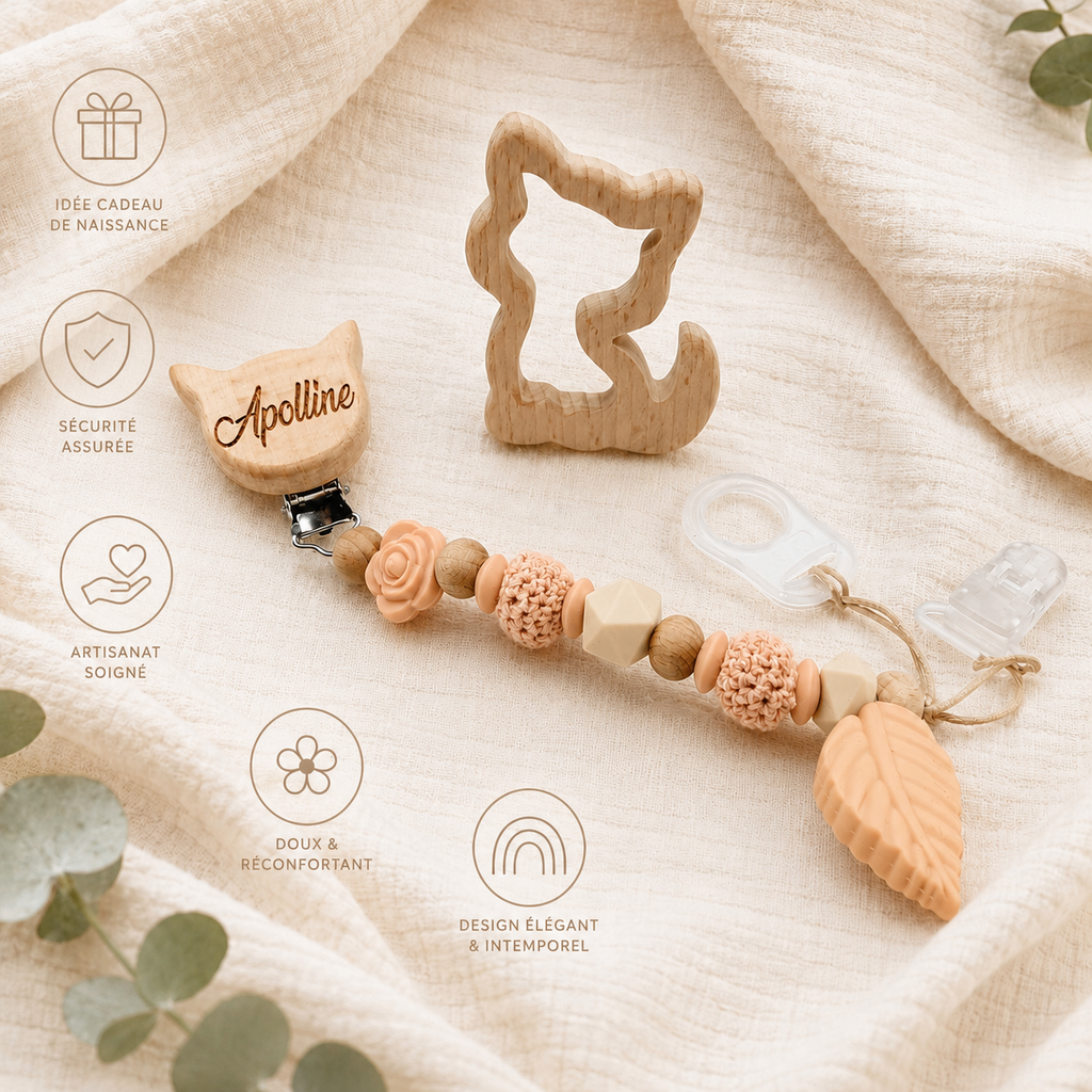 Attache sucette personnalisée Chat, prénom gravé – bois et silicone