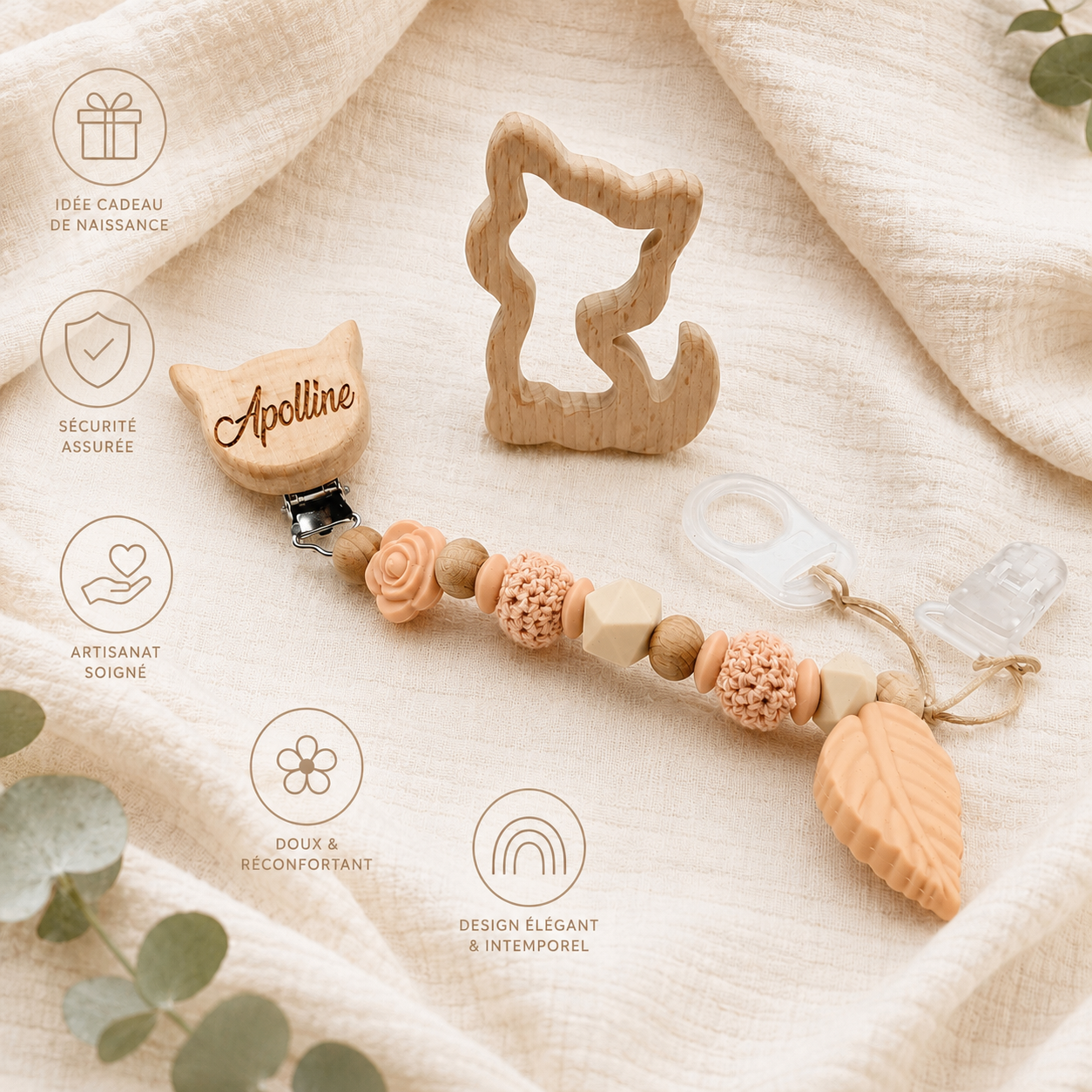 Attache sucette personnalisée Chat, prénom gravé – bois et silicone