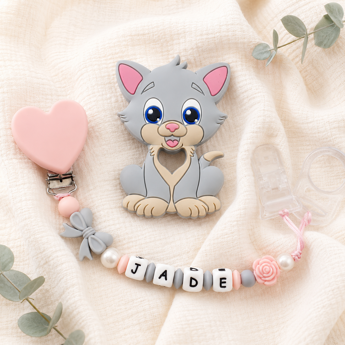 Attache sucette personnalisée chat – silicone – vue 1