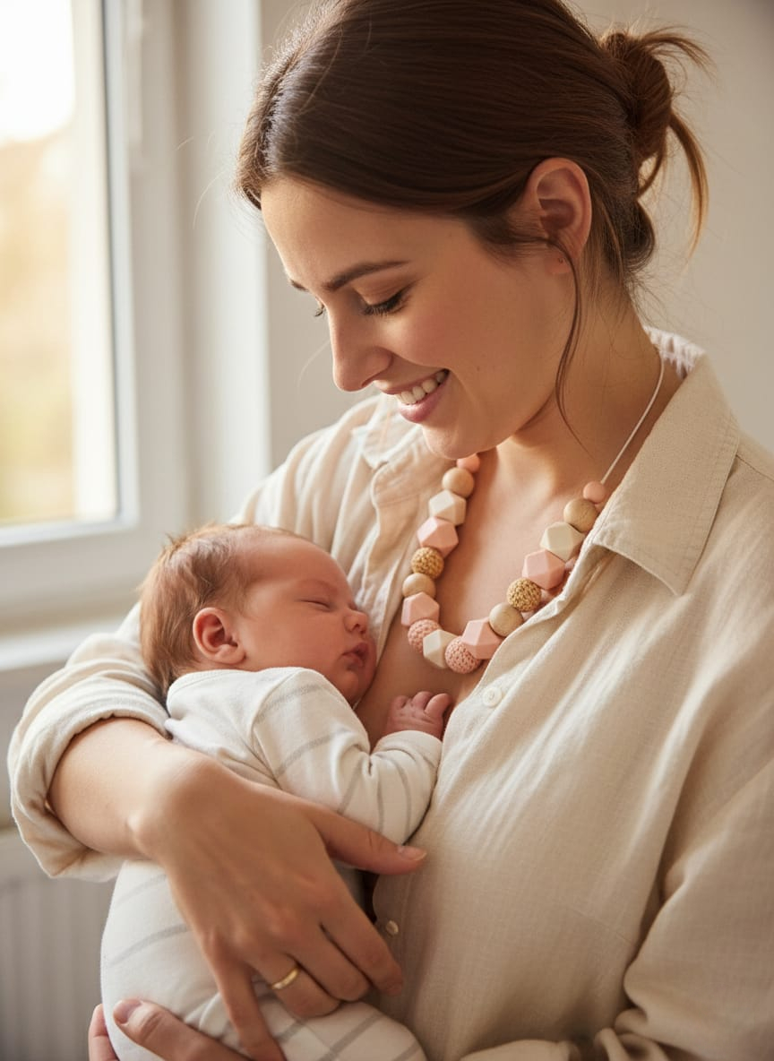 Collier de Portage et d'Allaitement en Silicone et Bois – Modèle Alba – Plusieurs coloris