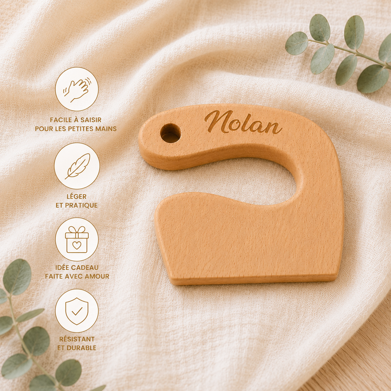 Couteau Montessori enfant personnalisé en bois – prénom gravé