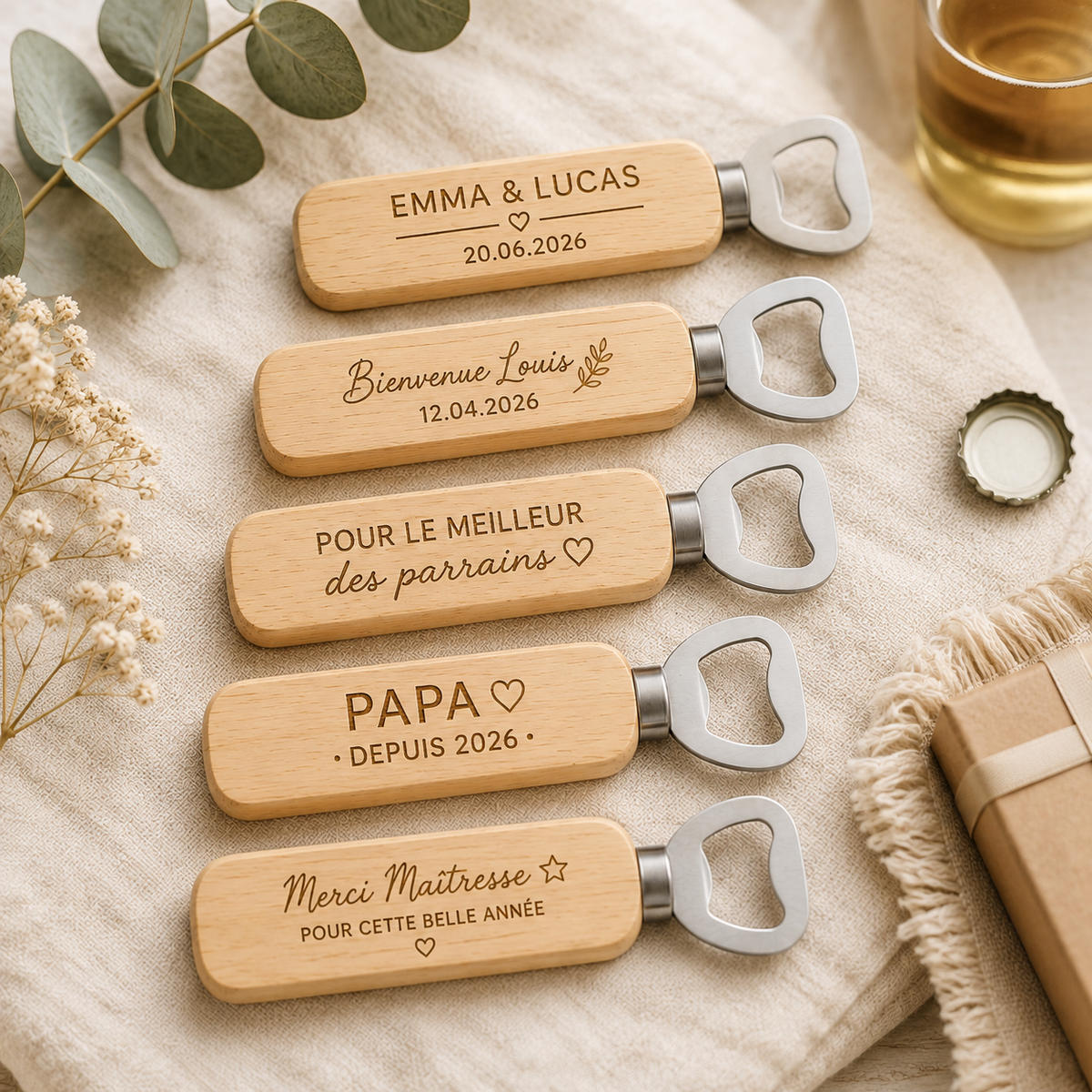 Décapsuleur personnalisé en bois gravé – vue 2