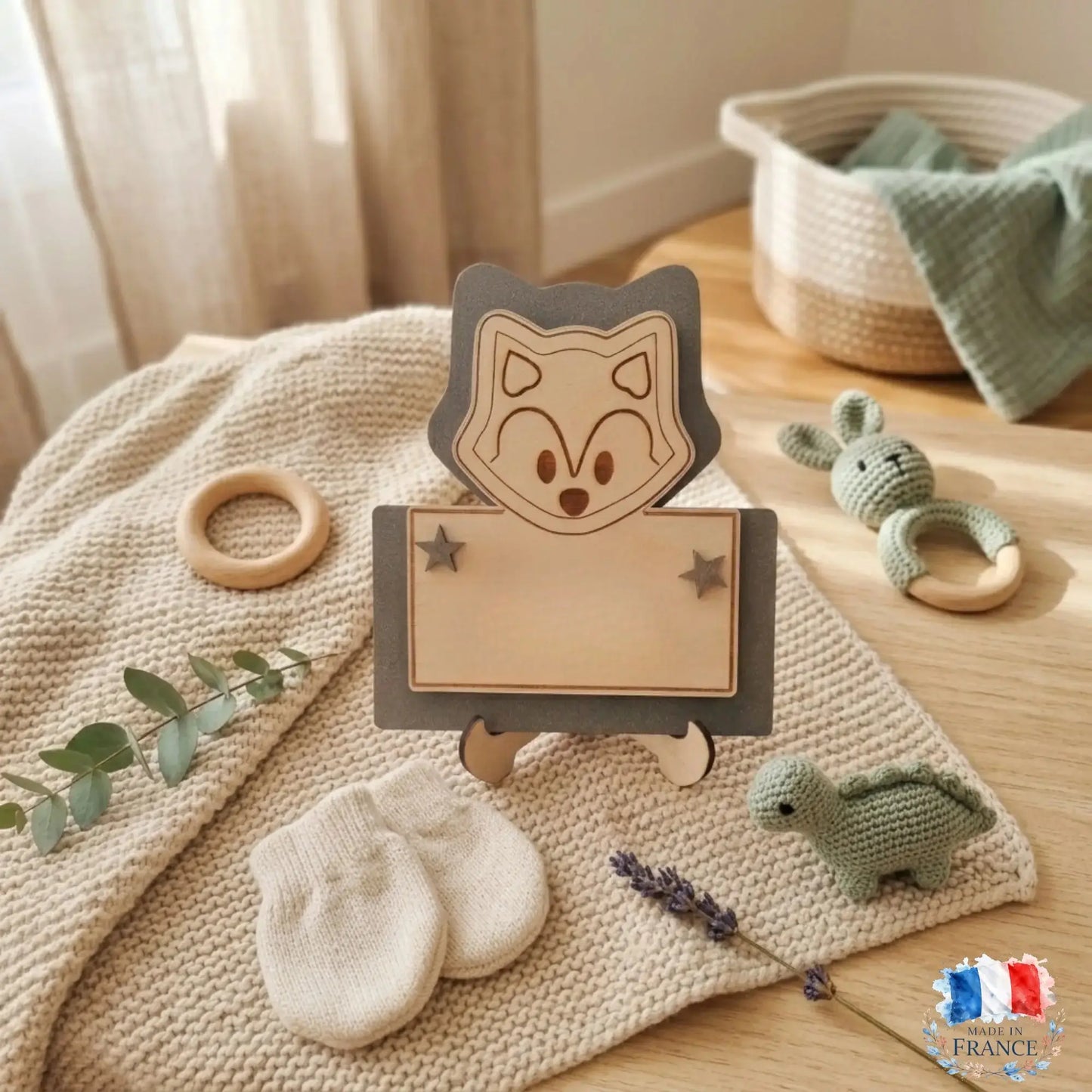 Plaque de naissance loup personnalisée en bois – vue 9