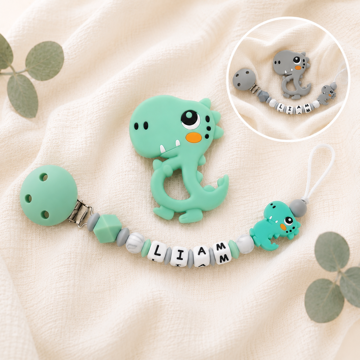 Attache sucette personnalisée dinosaure – silicone