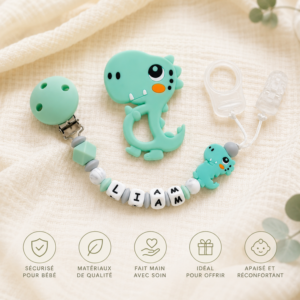 Attache sucette personnalisée dinosaure – silicone