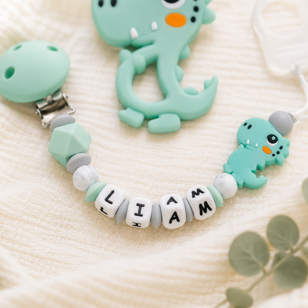 Attache sucette personnalisée dinosaure – silicone