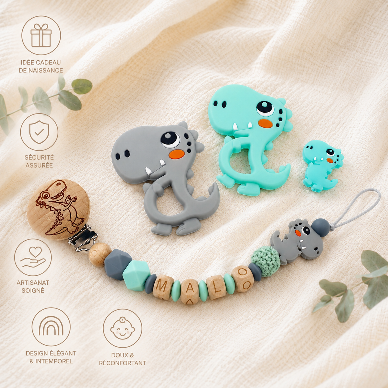 Attache sucette personnalisée dinosaure gravé – silicone et bois