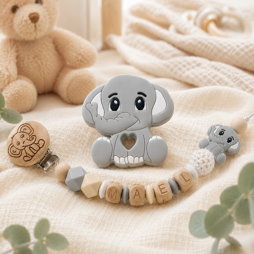 Attache sucette personnalisée éléphant gravé – bois et silicone