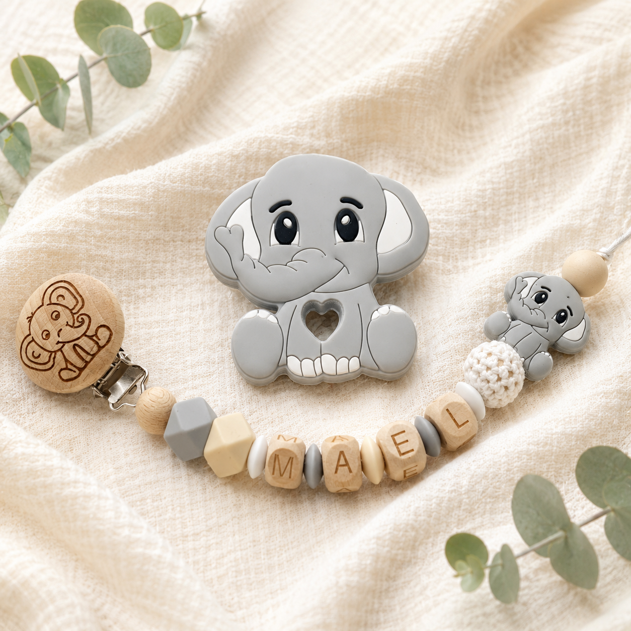 Attache sucette personnalisée éléphant gravé – bois et silicone