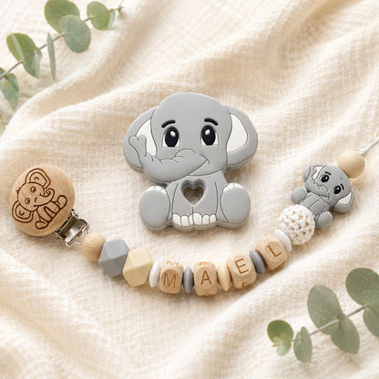 Attache sucette personnalisée éléphant gravé – bois et silicone – vue 1