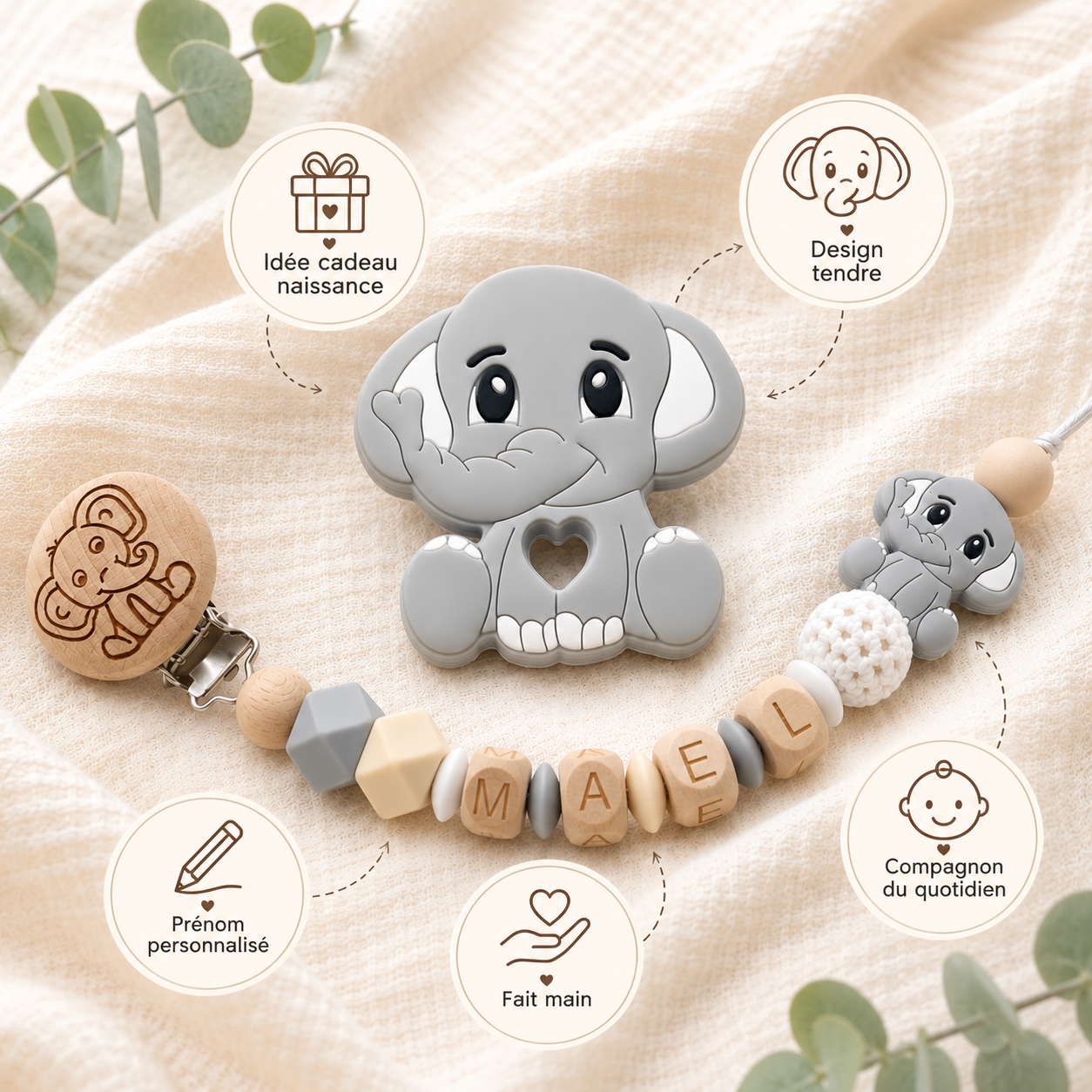 Attache sucette personnalisée éléphant gravé – bois et silicone
