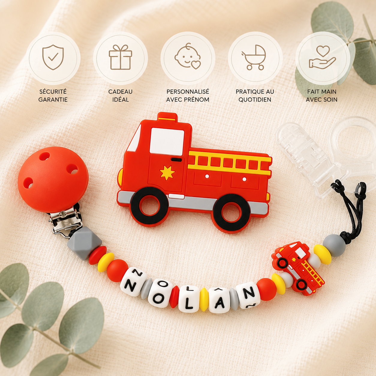 Attache sucette personnalisée Pompiers – silicone