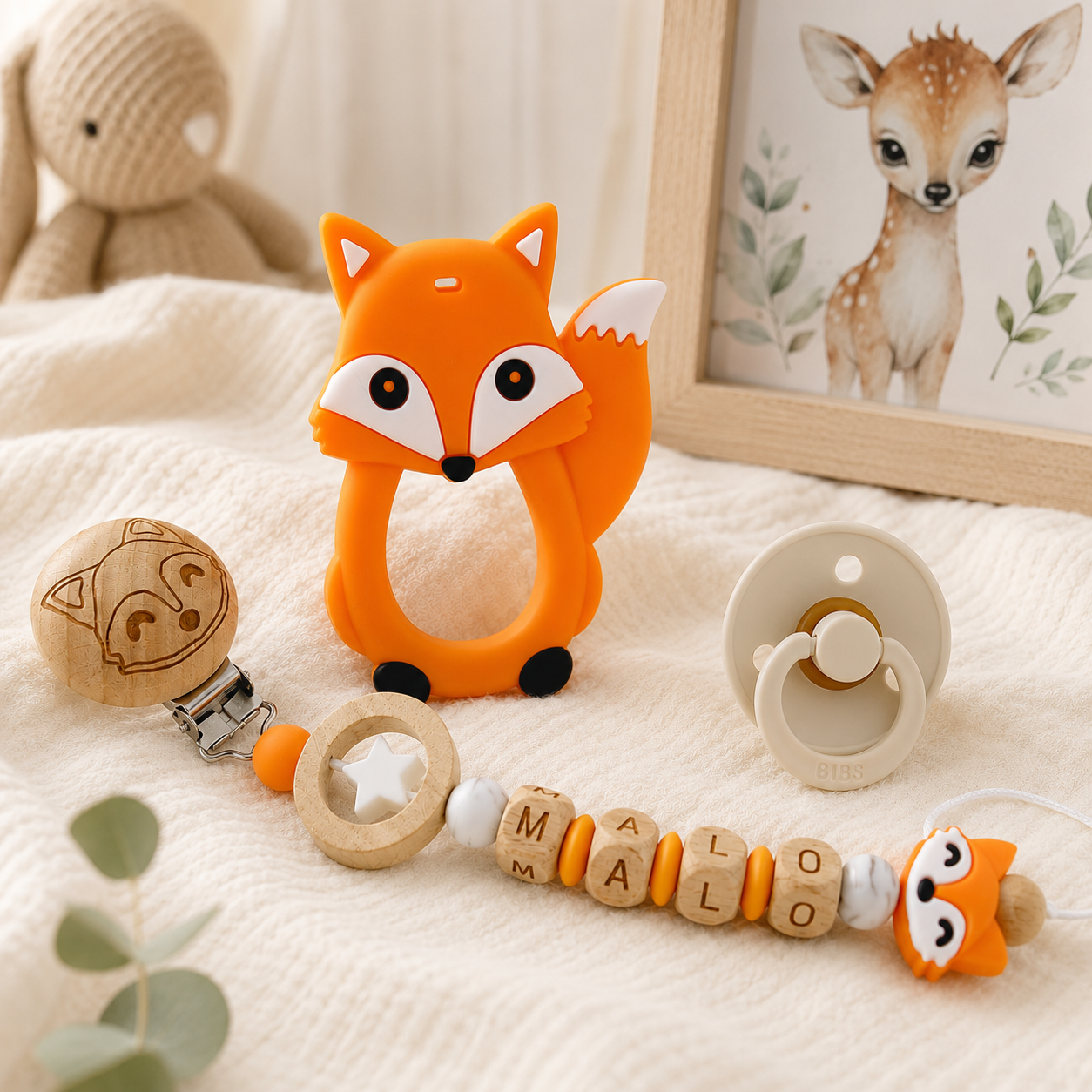 Attache sucette personnalisée renard gravé – bois et silicone