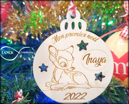 Boule « Mon premier Noël » personnalisée en bois – modèle faon