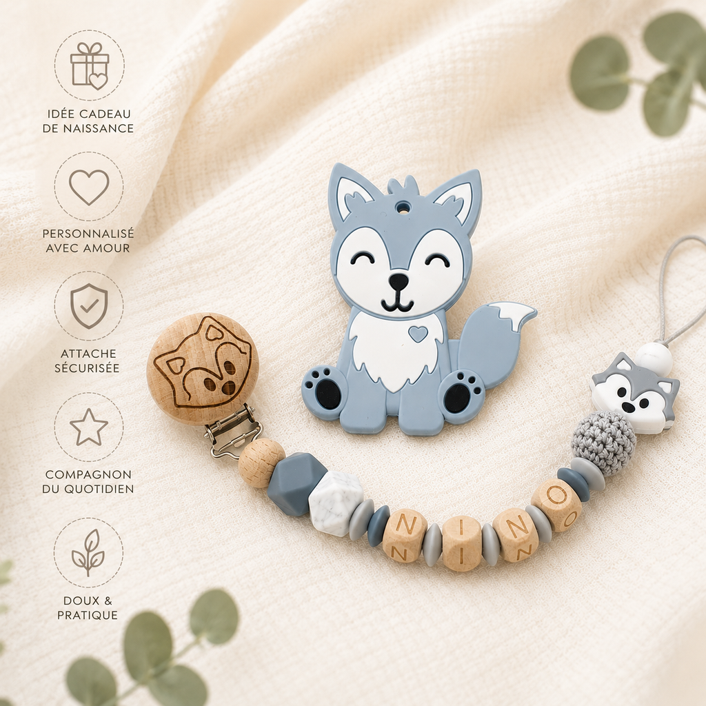 Attache sucette personnalisée loup gravé – bois et silicone