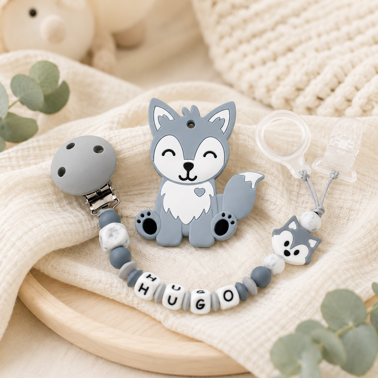Attache sucette personnalisée Loup – silicone