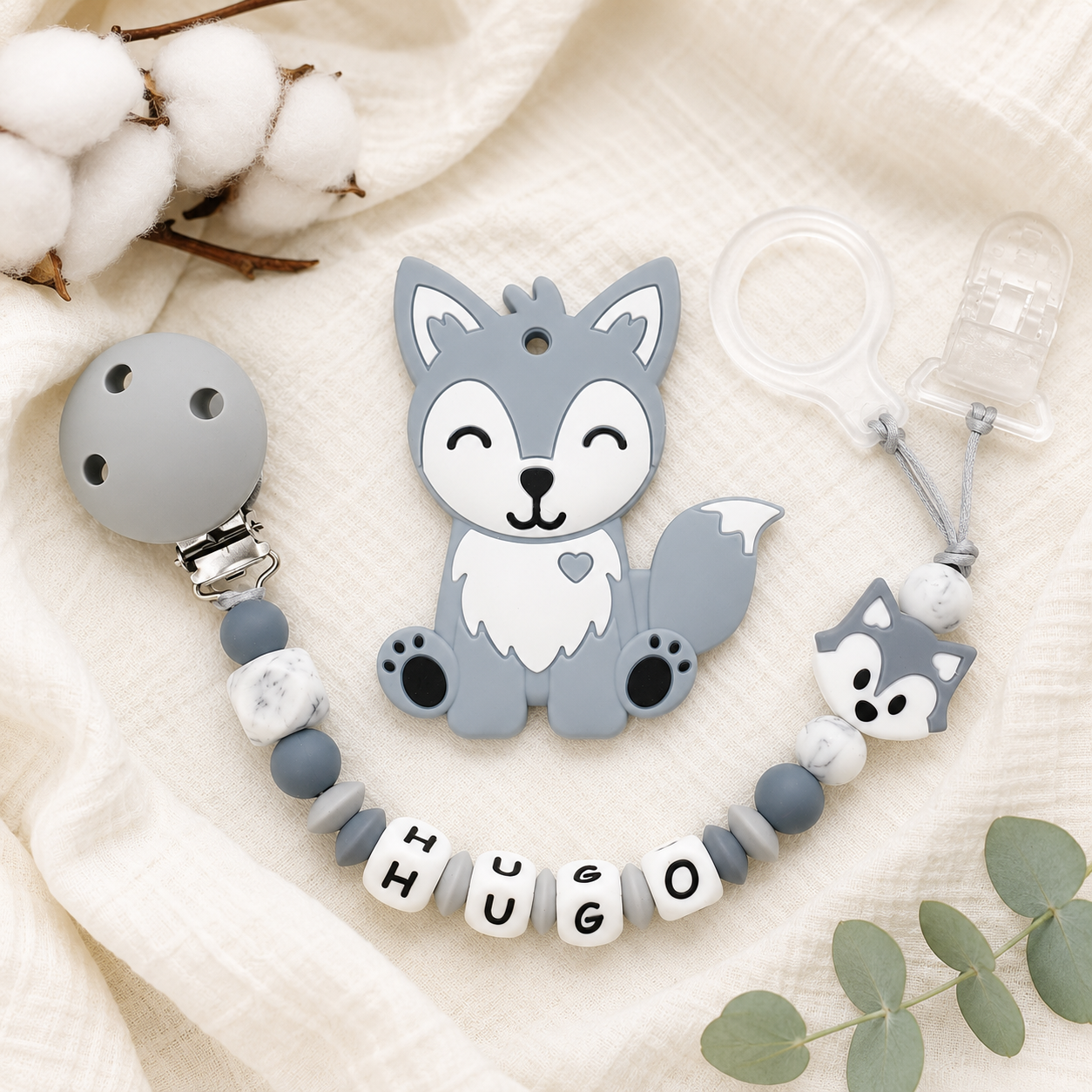 Attache sucette personnalisée Loup – silicone
