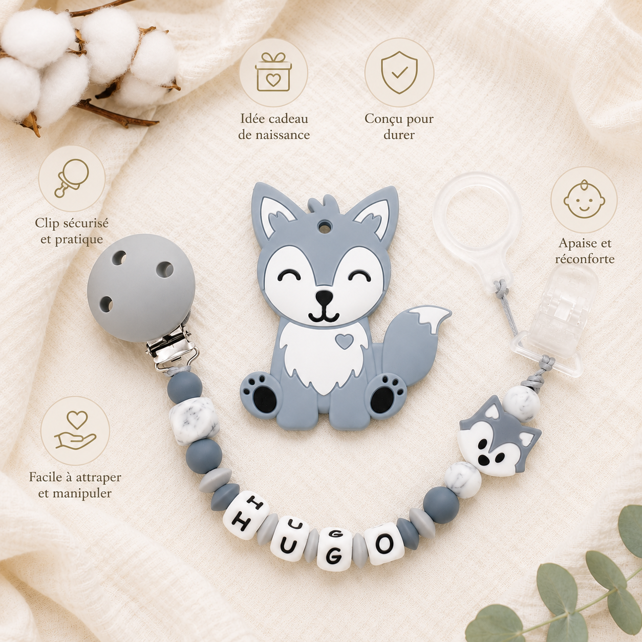 Attache sucette personnalisée Loup – silicone