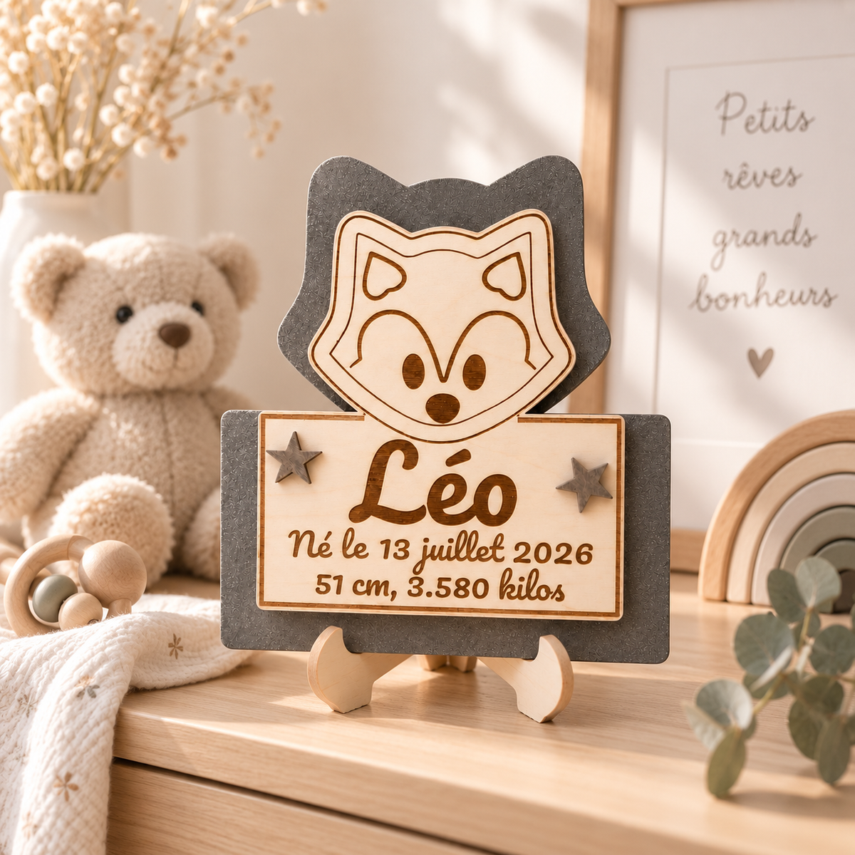 Plaque de naissance loup personnalisée en bois – vue 7