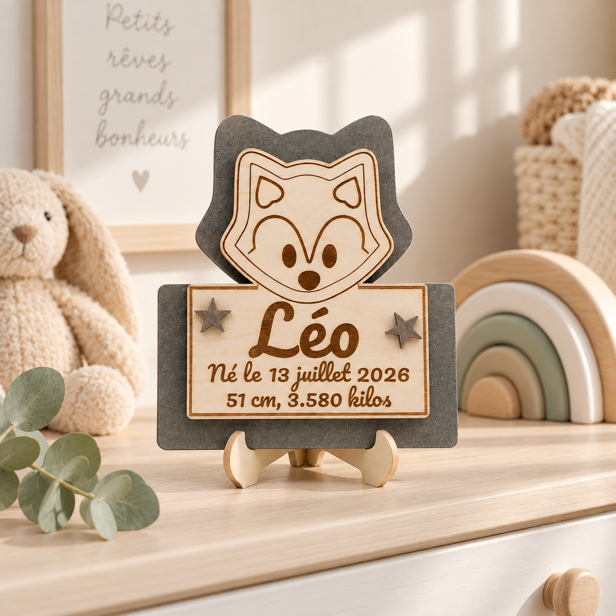 Plaque de naissance loup personnalisée en bois – vue 4