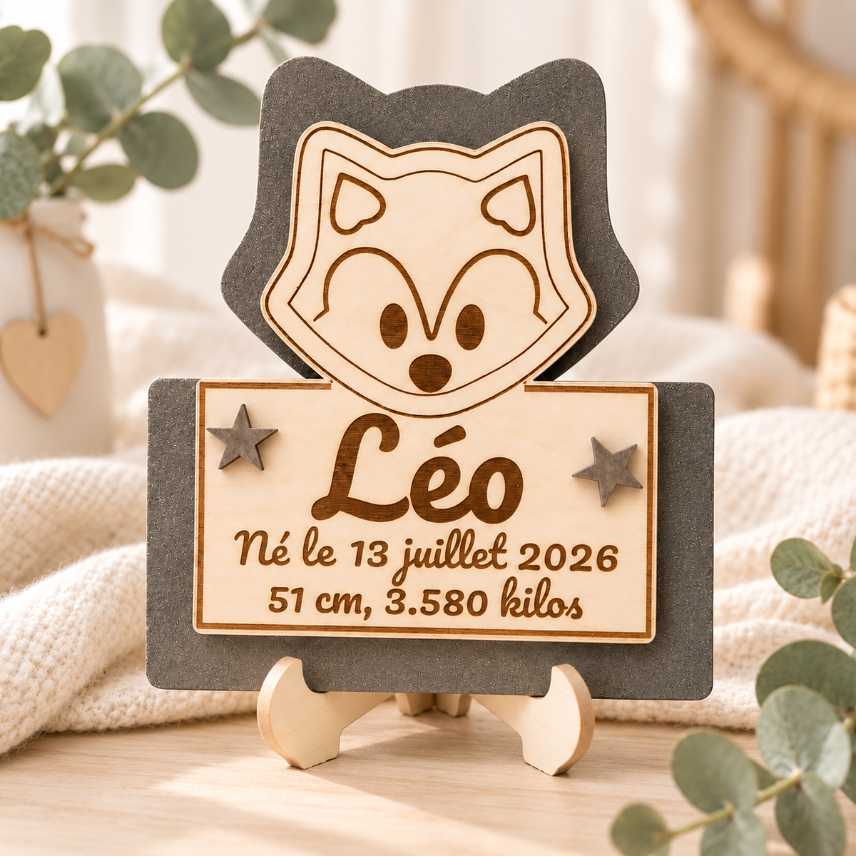 Plaque de naissance loup personnalisée en bois – vue 1