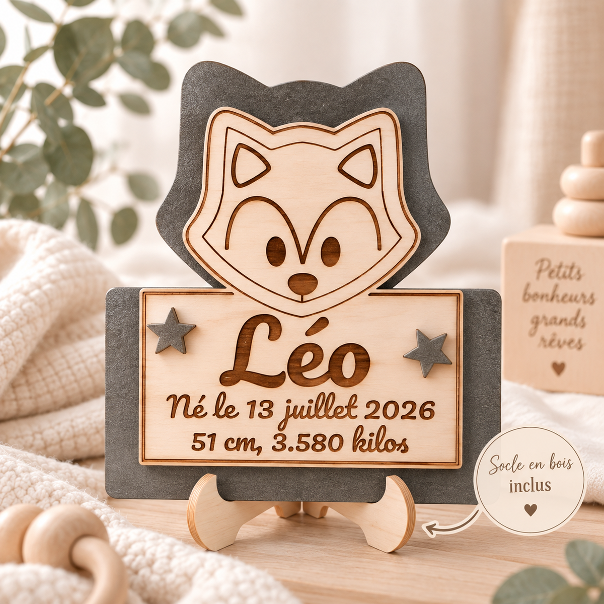 Plaque de naissance loup personnalisée en bois – vue 3