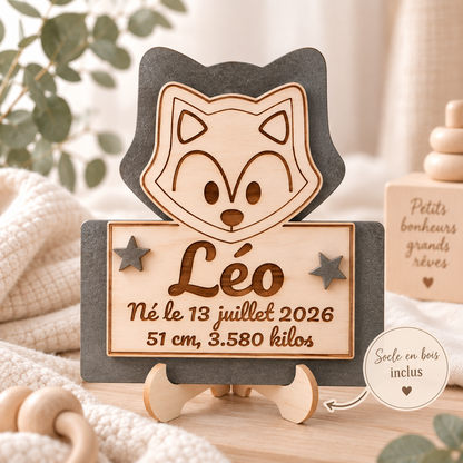 Plaque de naissance loup personnalisée en bois – vue 3