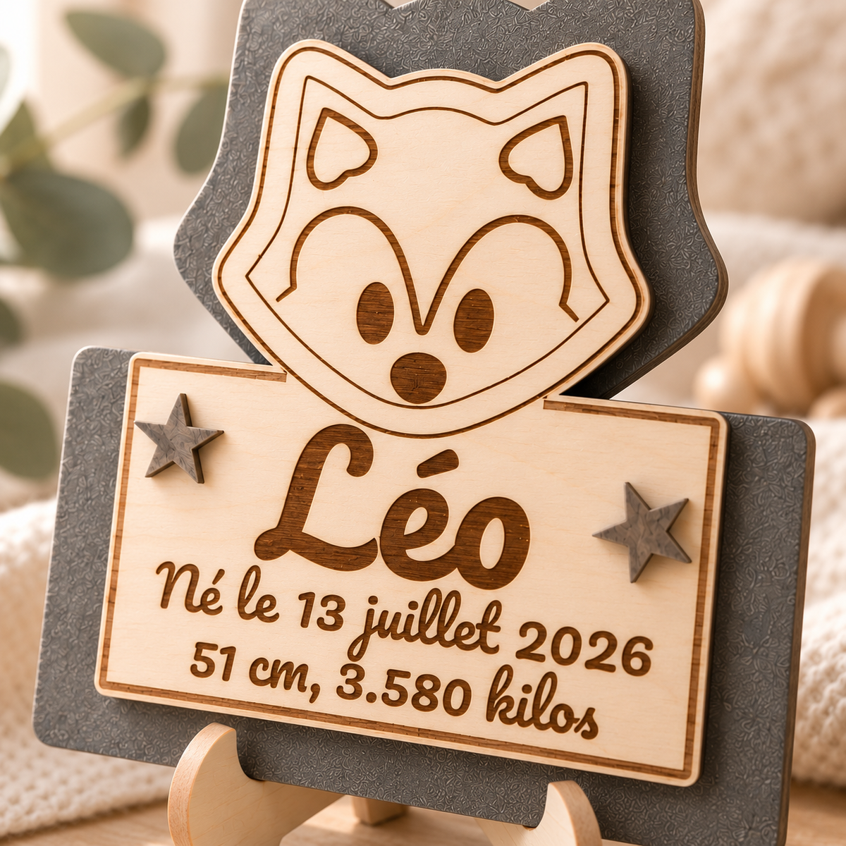 Plaque de naissance loup personnalisée en bois – vue 2