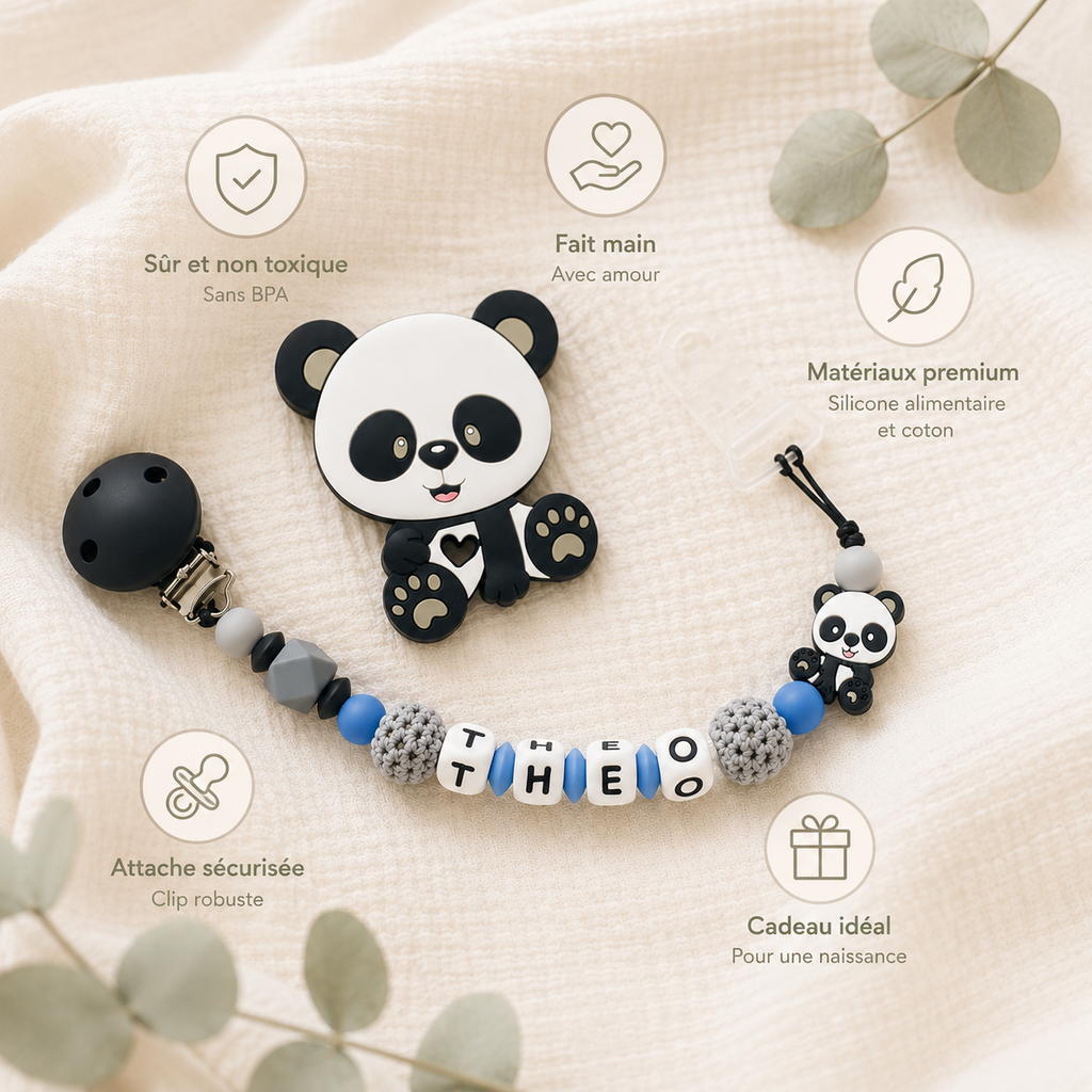 Attache sucette personnalisée Panda – silicone